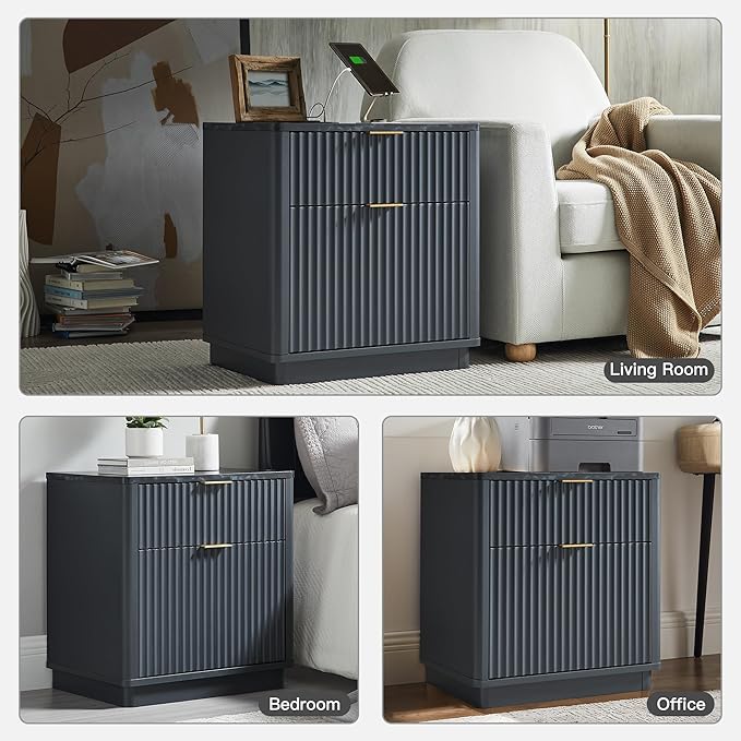 T4TREAM 23'' Fluted Nightstand with Charging Station, Large 2 Drawer Bedside Table, Modern End Table with Storage, Mid Century Night Stand for Bedroom, Living Room, Curved Profile, Dark Grey