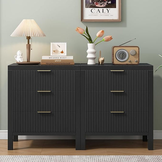 Fluted Nightstands Set of 2, Wooden Farmhouse Night Stands with 6 Drawer Bedside Table - Boho Tall End Table Accent Table for Bedroom, Living Room, （Black 2PCS）