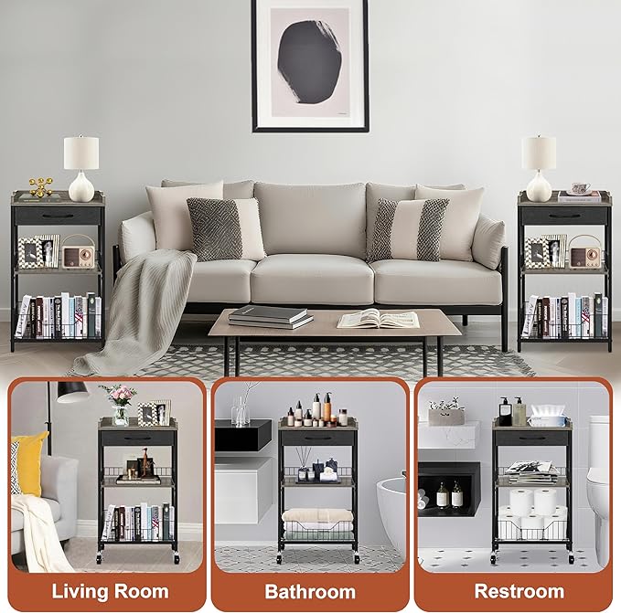 4-Tier Small Side Table with Optional Casters, Narrow End Table with Drawer and Shelves, Tall Nightstand for Dorm, Small Accent Table Stand for Living Room, Bedroom, Bathroom, Black& Grey