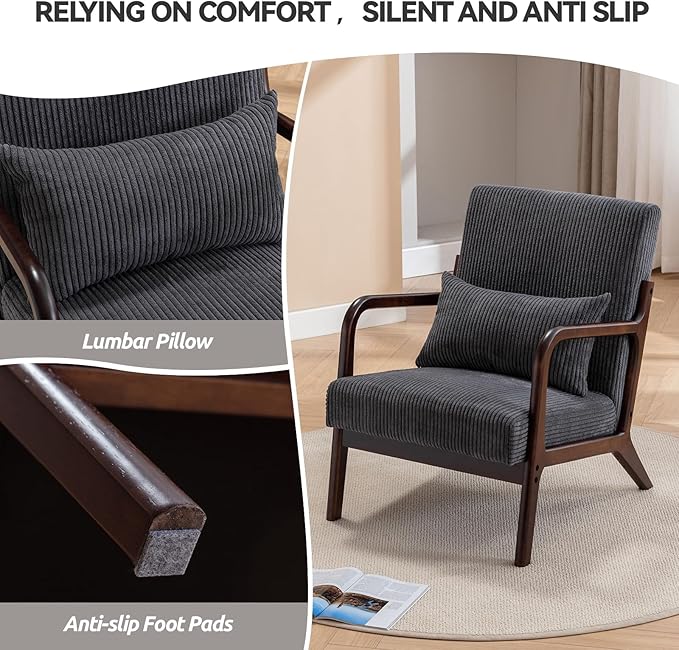 Accent Chair Mid Century Modern Chair, Living Room Chairs with Pillow Upholstered Lounge Arm Chair Reading Chair with Solid Wood Frame & Corduroy Fabrics for Living Room Bedroom