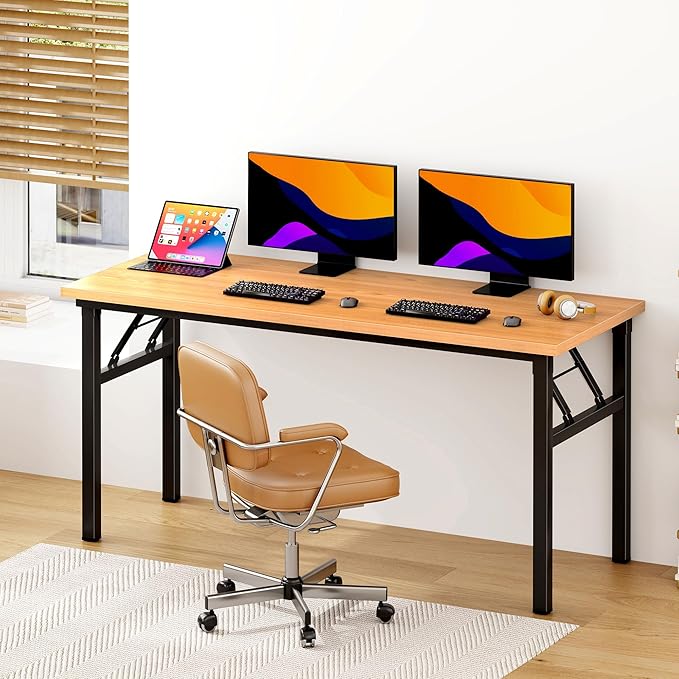 SDHYL 62 inches No Assembly Foldable Computer Desk for Home Office Workstation, Modern Study and Writing Folding Table with Metal Frame, Teak and Black