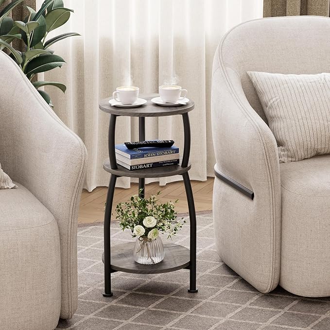 Small Round Side Table, 3-Tier End Table with Storage Shelf, Slim Sofa Table Coffee Table, Sturdy & Easy Assemble Nightstand for Small Spaces, Living Room Bedroom Corner, Grey