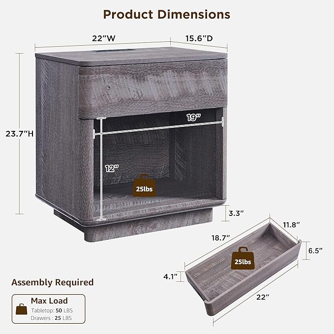 ACCOHOHO Modern Nightstand with Charger Station, 22" Wide Night Stand with Storage Drawer & Open Shelf, Large Bedside Table for Bedroom, Wood End Table, Curved Profile, Grey