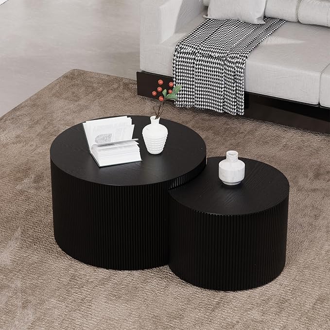 Round Nesting Coffee Table Set of 2 Handcraft Circle Fluted Nesting Coffee Tables Circular Side Table Drum Accent End Tables for Living Room Bedroom (Black Large)