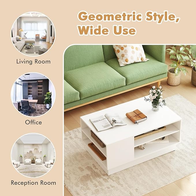 Giantex Coffee Table with Storage, 2-Tier Rectangle Accent Sofa Table with Shelf & Elevated Base, Modern Geometric Center Table for Living Room, Reception Room, Lounge, White