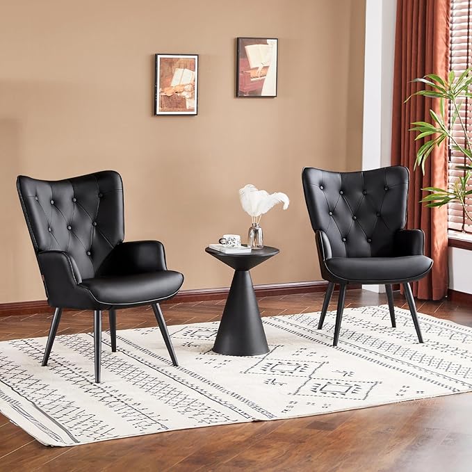 Furniliving PU Leather Accent Chair for Living Room, Upholstered Reading Chair with High Backrest, Tufted-Button Wingback Armchair for Bedroom, Dressing Room, Home Office, Set of 2, Black