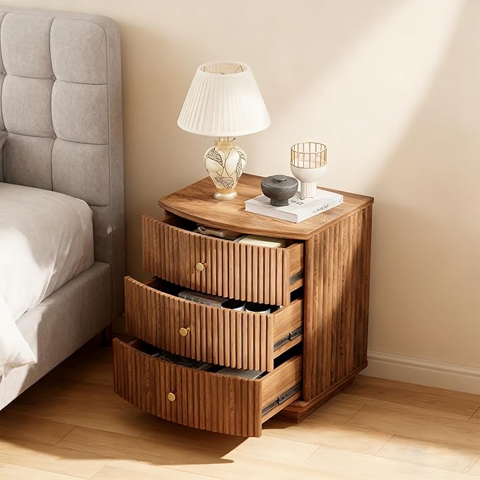 Grooved Wood End Table with 6 Drawers, Curved Edge Storage Side Table, Six Drawer Nightstand Compact Sofa Bedside Table for Bedroom, Living Room and Small Spaces, Walnut X2