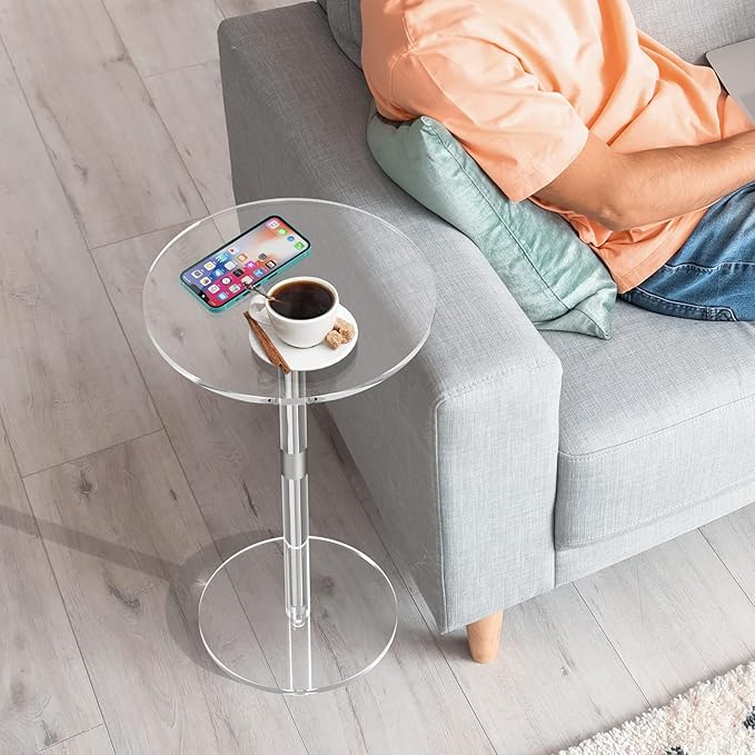 Acrylic End Table, Clear Side Tables for Small Space, 11.8" Round Modern Drink Table for Living Room, Bedroom, Bathroom, Office, Outdoor, Business, Sturdy and Easy to Install (Large)