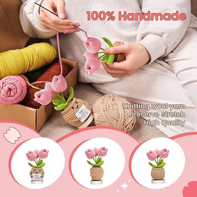 Gossby Gift for Mom - Positive Tulip Flower Crochet Doll with Card - Thank You for Helping ME Grow - Christmas, Mothers Day, Birthday Mom Gift from Daughter Son Kid - Handmade Crochet Plant Decor