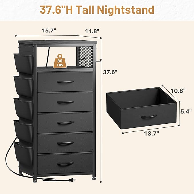 EnHomee Tall Night Stand with 5 Drawers, LED Nightstand with Ports & Outlets, Bedside Table with Extra Side Bag & Storage Shelf & Hooks, Bedroom, Dorm, Closet