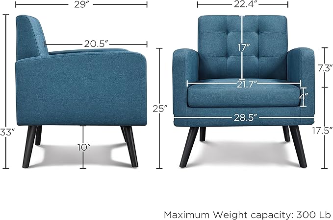 Yaheetech Mid-Century Accent Chairs, Modern Upholstered Living Room Chair, Cozy Armchair Button Tufted Back and Wood Legs for Bedroom/Office/Cafe, Navy Blue