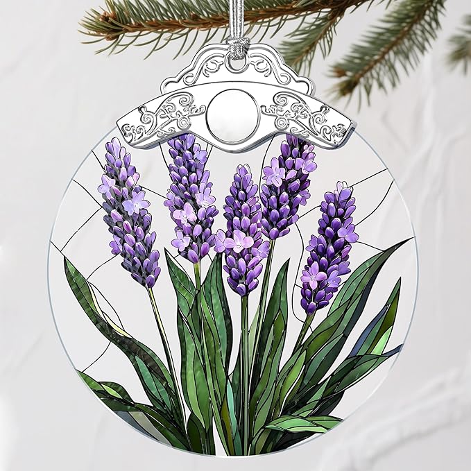 Stained Glass Ornament: Lavender Flower Christmas Ornament – Christmas Tree Decor & Holiday Decor | Flower Lovers Gifts, Gift Exchange & Gifts for Family, Coworkers, Friends & Her