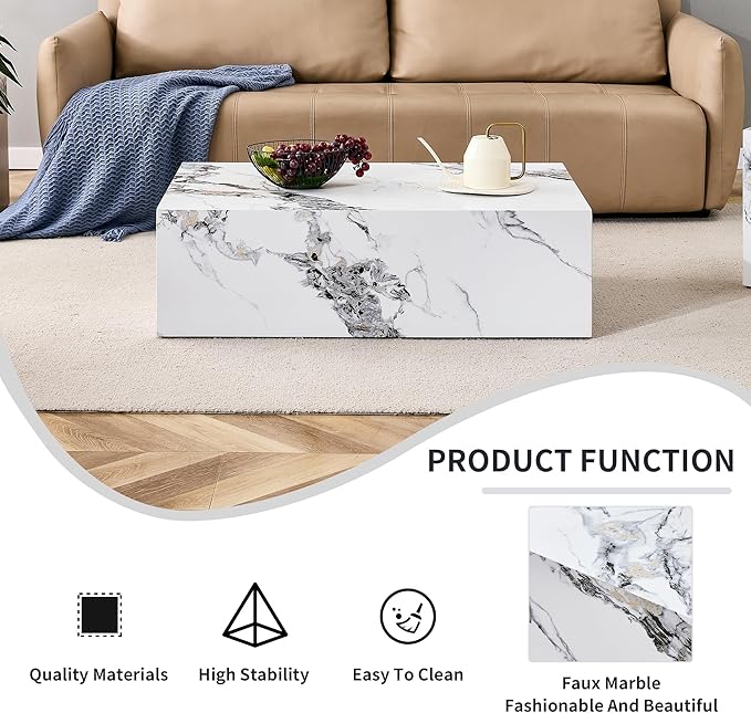39.3" Rectangular Wood Coffee Table, Modern White Faux Marble Pattern Coffee Tables for Living Room, Contemporary No Assembly Wooden Center Cocktail Table for Bedroom, Reception Room