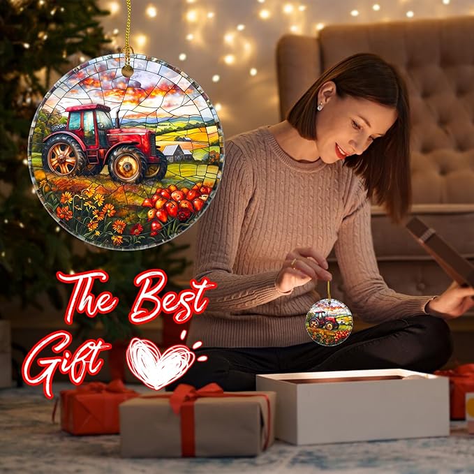 Christmas Tree Decorations Tractor Ornament, Colored Ceramic Christmas Tree Ornaments, Xmas Decorative Hanging Ornaments, Christmas Decor Indoor Home Holiday Party Gifts Tractor