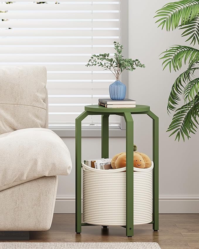 TUTOTAK Small Side Table, Round End Table, Night Stand, Bedside Table, Sofa Table with Storage Basket, Living Room, Bed Room, Olive Green TB01BOG092