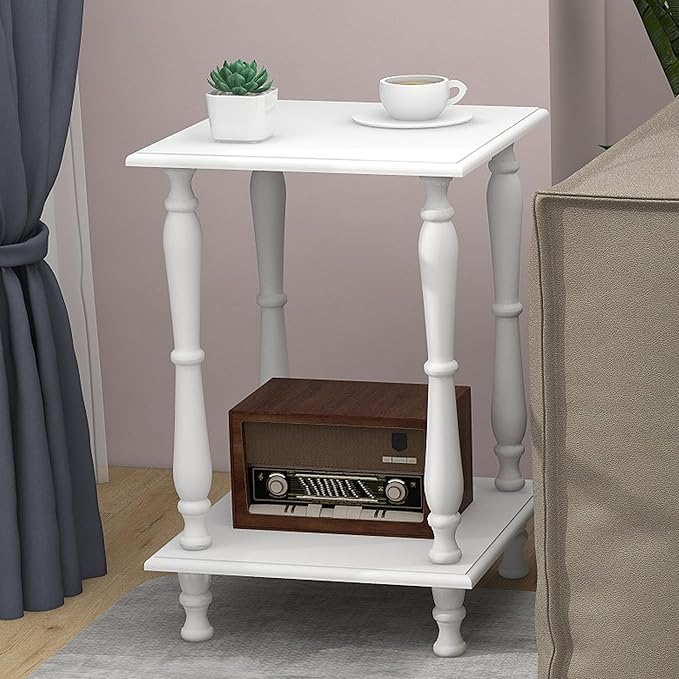 TaoHFE European Style End Tables Living Room White Square Sofa End Table 2-Tier Wooden End Side Table with Open Shelf Retro Vintage 24 Inch Bed Side Table for Bedroom Small Space, White