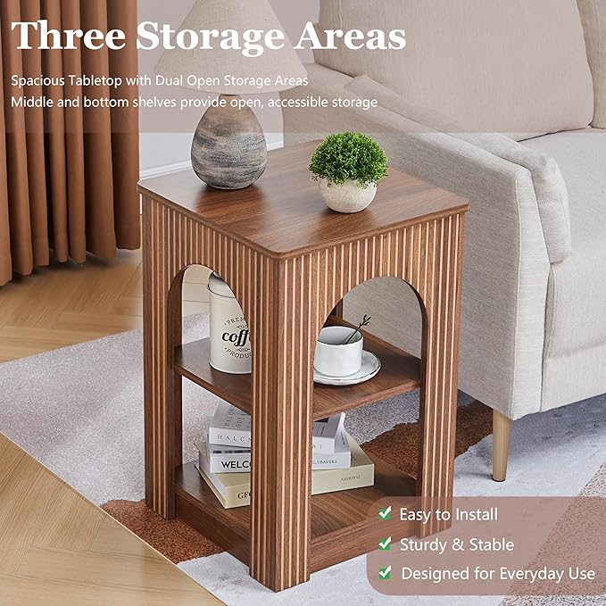 End Table Set of 2, Mid-Century Modern Side Table with 3-Tier Storage Shelves and Arched Carving Lines, Square Fluted Nightstand for Living Room, Bedroom, or Office (2, Walnut)