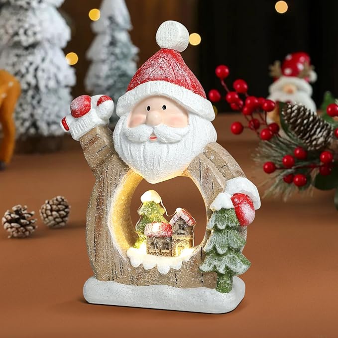 Santa Claus Decoration with LED Lights, Resin Christmas Figurine Indoor Holiday Party Home Decoration Winter Table Centerpiece Fireplace Bedroom Window Decor