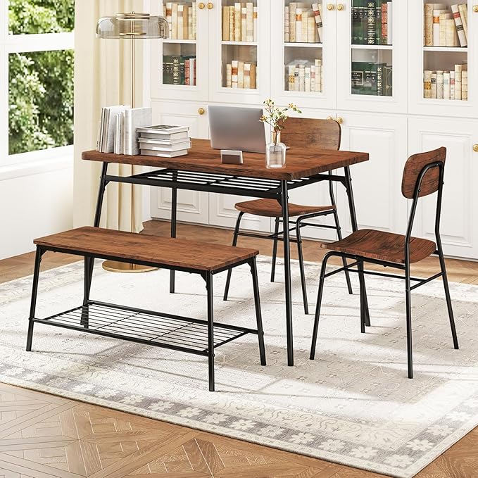 Tangkula Dining Table Set for 4, Square Kitchen Table & Chair Set w/Storage Rack, Metal Frame, Space-Saving Dinette Furniture Set with Bench for Breakfast Nook, Dining Room, Small Places
