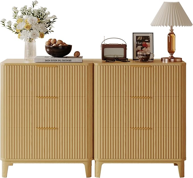 3 Drawer Fluted Dresser for Bedroom Set of 2, Modern Curved Closet Dressers Chest of Drawers, 23.6" Rustic Wood Nightstand 3-Drawer Dresser Bedside Table, End Table with 3 Large Drawers Natural