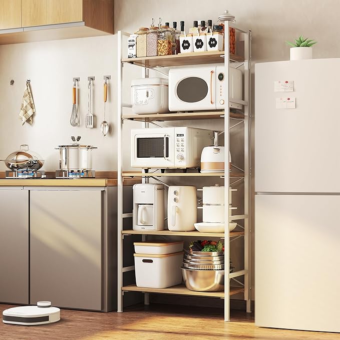 Folding Bookshelf,5 Tier Bookcase Foldable Shelf with X-Bracket Design, Adjustable Feet, Space Saving Storage for Living Room, Office, Light Coffee