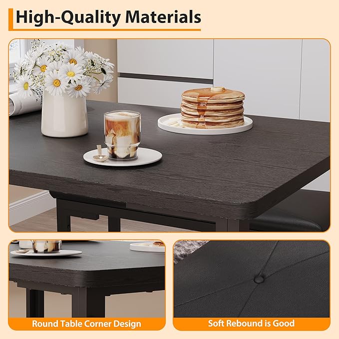 Garvee Dining Table Set for 4, 3-Piece Kitchen Table with 2 Upholstered Benches, Space-Saving Dining Room Set for Breakfast Nook and Small Spaces, Black