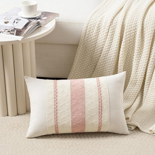 Fancy Homi Set of 2 Boho Pink Lumbar Decorative Throw Pillow Cover 12x20 Inch for Couch Bed Sofa Chair, Modern Organic Farmhouse Home Decor, Soft Cotton Cute Accent Rectangle Cushion Case