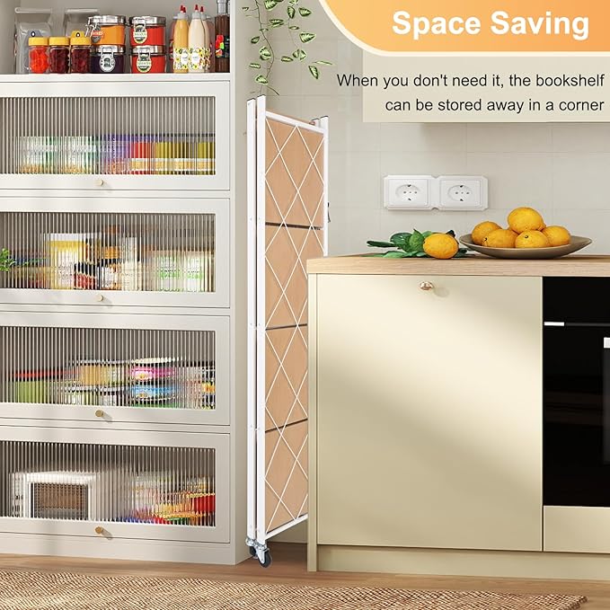 5-Tier Foldable Storage Shelves with Wheels, Folding Metal Shelf Unit, Folding Bookshelf no Assembly, Collapsible Shelves for Craft Shows for Kitchen, Bedroom, Living Room, Natural