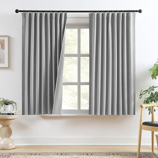 RAIN CITY Grey Linen Blackout Curtains 63 Inches Long,100% Light Blocking Textured Curtains for Bedroom Thermal Back Tab Rod Pocket Curtains 2 Panels with Hooks 50 x 63