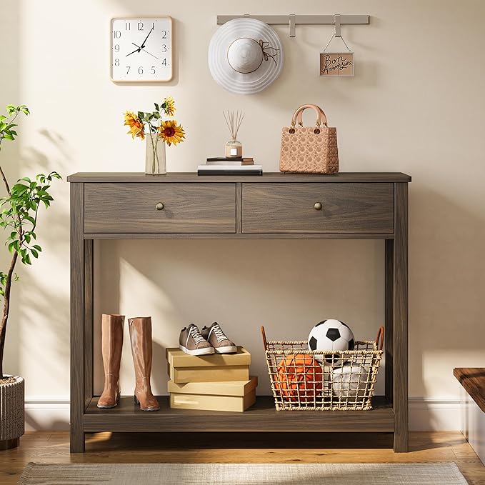 Gizoon Console Table with 2 Drawers, 2-Tier Wood Entryway Table with Storage Shelves, 39" W Wood Accent Sofa Table for Front Hall, Hallway, Living Room, Dark Brown