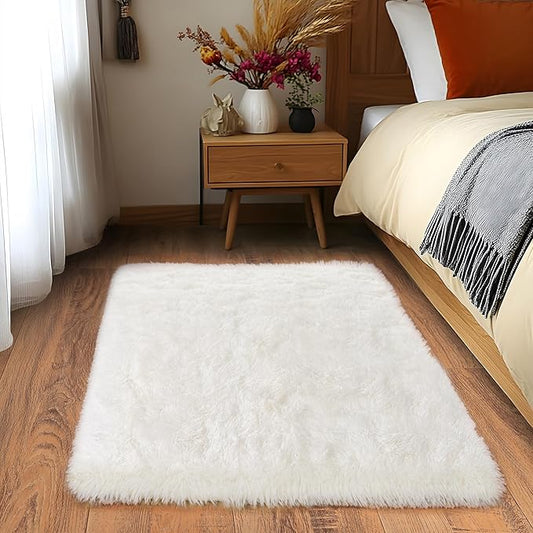 Small Area Rug, 2x3 Rug for Bedroom Shaggy Throw Rugs for Dorm Rug, Soft Shag Carpet for Kids Room, Plush Comfy Fluffy Bedside Rug for Home Decor Aesthetic, Cream White