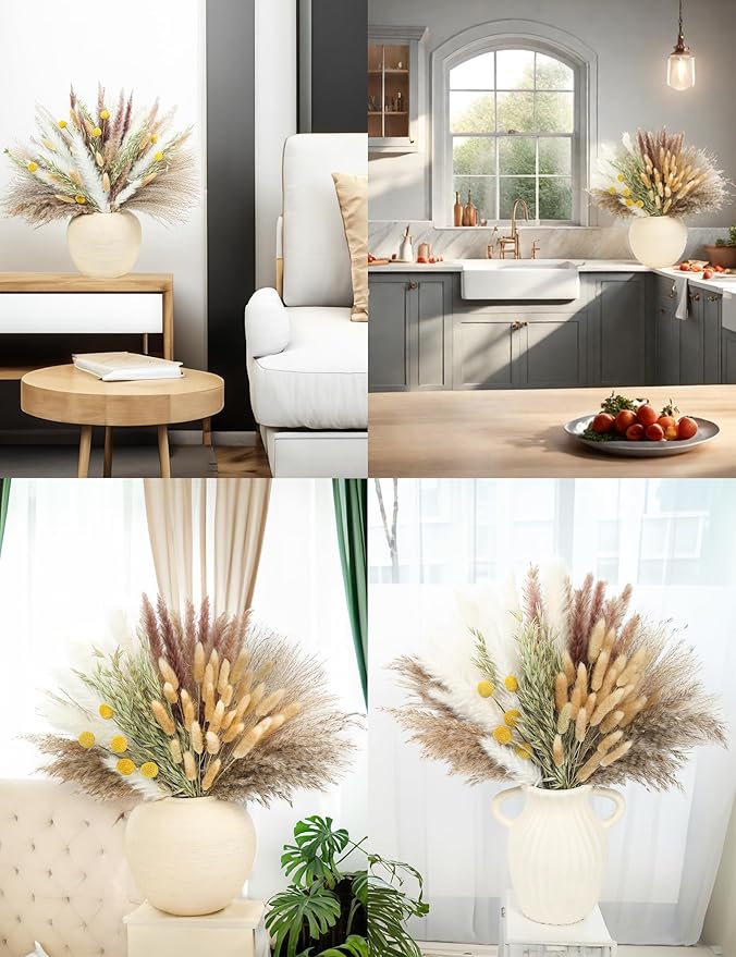 118PCS Dried Flowers Bouquet,(Vase Not Included), Dried Pampas Grass, Reed,Pompas Grass, Boho Wedding Reception,Table Centerpiece Decoration.