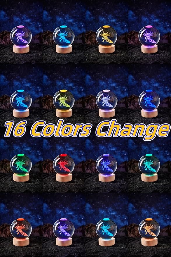 Axolotl Crystal Ball Lamp with LED Wooden Base, 16 Colors Change & Remote Control Crystal Ball Night Light, Upgraded 3.15 Inch Glass Light, Gift for Kids Wife Girlfriend (Axolotl)