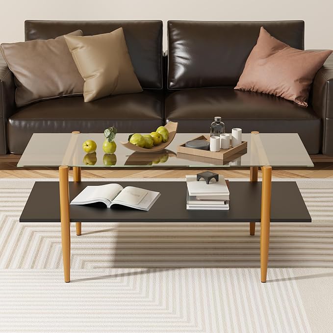 Glass Coffee Table, Rectangle Living Room Center Table with Golden Legs, Mid-Century Modern Accent Tables with Open Shelf for Living Room, Office, Black