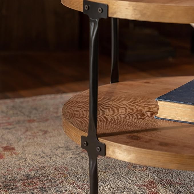 Round Two-Tier Coffee Table with Storage, 30.71" Circle Accent End Table with Metal Legs, Wooden Center Table for Living Room, Side Table Home Furniture - Walnut