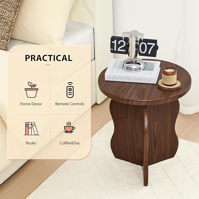 15.7" Dx17.9 H Small Round Side Table, Wooden End Table for Small Narrow Space, Mid-Century Farmhouse Drink Pedestal Table Accent Nightstand for Living Room, Bedroom, Balcony (Walnut)