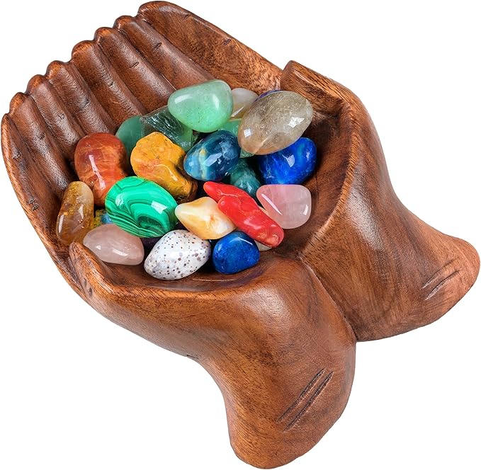 Curawood Carved Hands Offering Bowl - Crystal Holder for Stones, Rock Collection Holder, Crystal Display Storage Tray, Wooden Hands Bowl for Keys - Rock Display Case for Shelf, Stand, Altar Decor (M)