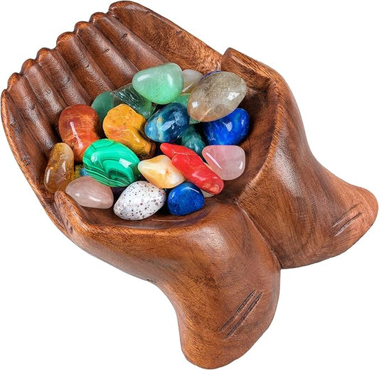 Curawood Carved Hands Offering Bowl - Crystal Holder for Stones, Rock Collection Holder, Crystal Display Storage Tray, Wooden Hands Bowl for Keys - Rock Display Case for Shelf, Stand, Altar Decor (M)