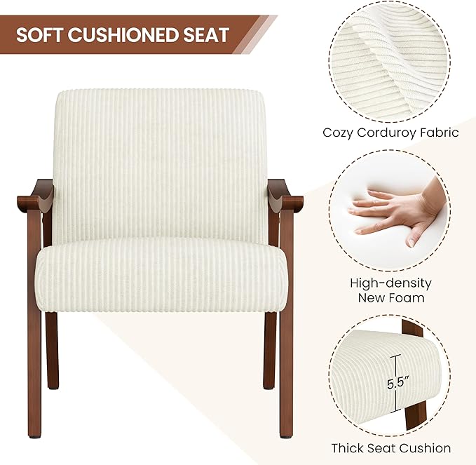 Yaheetech Corduroy Accent Chair, Mid-Century Modern Armchair with Solid Wood Legs, Reading Leisure Chair with High Back for Living Room Bedroom Waiting Room Beige