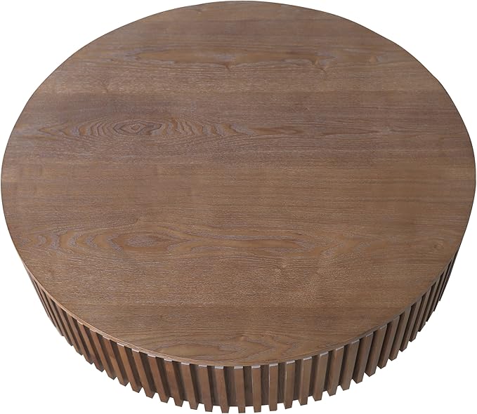 31.5'' Round Coffee Table for Living Room, Solid Wood Veneered Modern Nesting Coffee Tables with Storage, Circle Fluted Drum End Side Accent Tea Table for Bedroom Apartment Office, Walnut