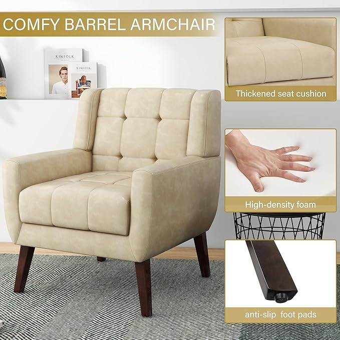 Pia Ricco 2 Pack Mid Century Modern Accent Chairs, Button Tufted Faux Leather Armchairs - Easy-Clean Matching Set for Living Room, Durable Sofa Chairs for Home Office & Lounge, Cream