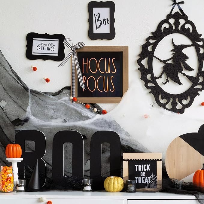 Hocus Pocus Sign, 6 Inch Wooden Halloween Decorative Signage Table Top Decor, Gothic Witch Indoor Tabletop Wall Art Shelf Mantel Desk Tiered Tray Rustic Farmhouse Home Decorations