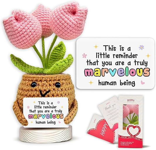 Gossby Handmade Positive Tulip Flower Crochet - This is A Little Reminder - Inspirational Gift for Women - Thank You, Appreciation, Positive Gift for Teacher, Mom, Friend, Coworker - Knitted Decor