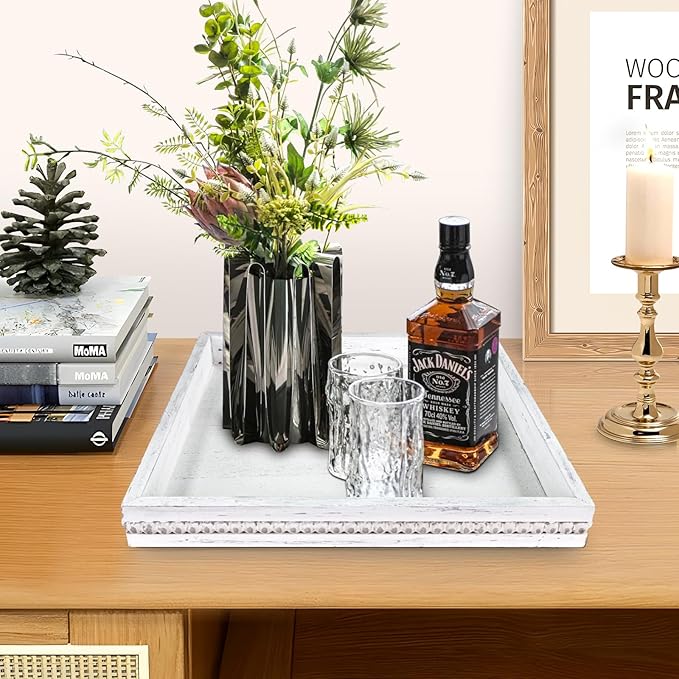 Wooden Decorative Tray, Small Serving Tray with Wood Bead, Farmhouse Big Tray for Ottoman, Countertop, Coffee Tabl, 13" x 13"x 1.6" (Retro White)