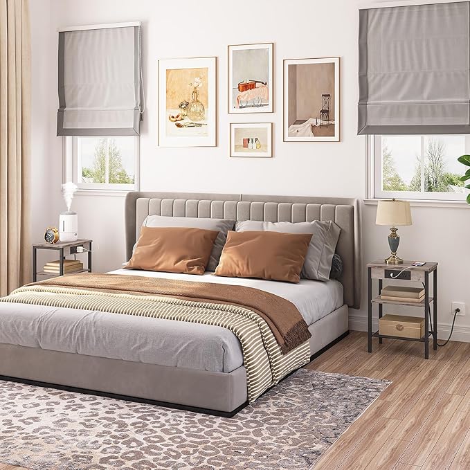 HOOBRO End Tables Set of 2 with Charging Station and USB Port, 3-Tier Nightstands with Adjustable Shelves, Small Side Tables for Small Space in Living Room, Bedroom and Balcony, Greige BG112BZP201