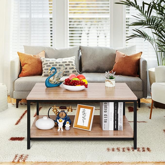 ZenStyle Industrial Coffee Table with Storage Shelf for Living Room, Wood Look Accent Furniture with Vintage Wooden Board Stable Metal Frame Cocktail Desk 2-Tier Tea Table