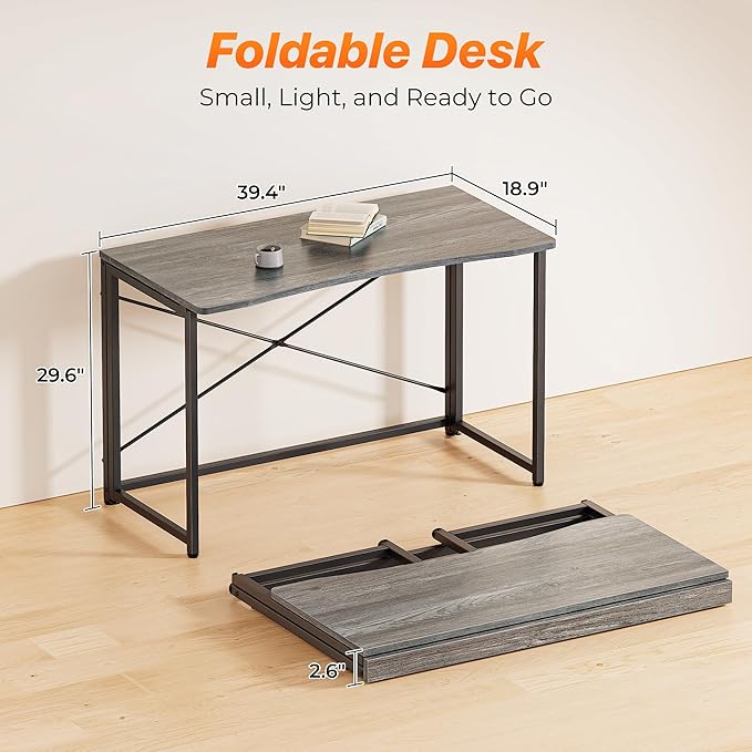 Huuger Folding Desk for Small Spaces, 39.3 Inch Foldable Computer Table, for Home Office, Study, Bedroom, Dorm, Space Saving, Small Writing Work Office Computer Desk, Easy to Fold, Grey