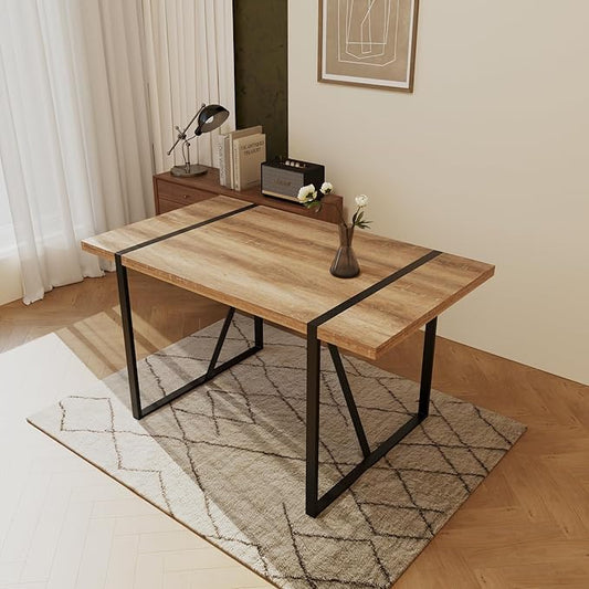 Modern Wooden Dining Table, 55'' Wooden Rectangle Table, Kitchen & Dining Room Table, Modern Kitchen Dining Table with Black Metal Legs for Living Room & Dining Room(Natural Wood, 55 in)