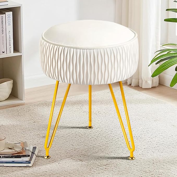 Velvet Vanity Stool Footrests, Round Ottoman Vanity Chairs with Anti-Slip Feet, Dressing Table Seat Foot Stool with Black Legs, Furry Padded Seat Side Table for Makeup Bedroom(White, Golden)