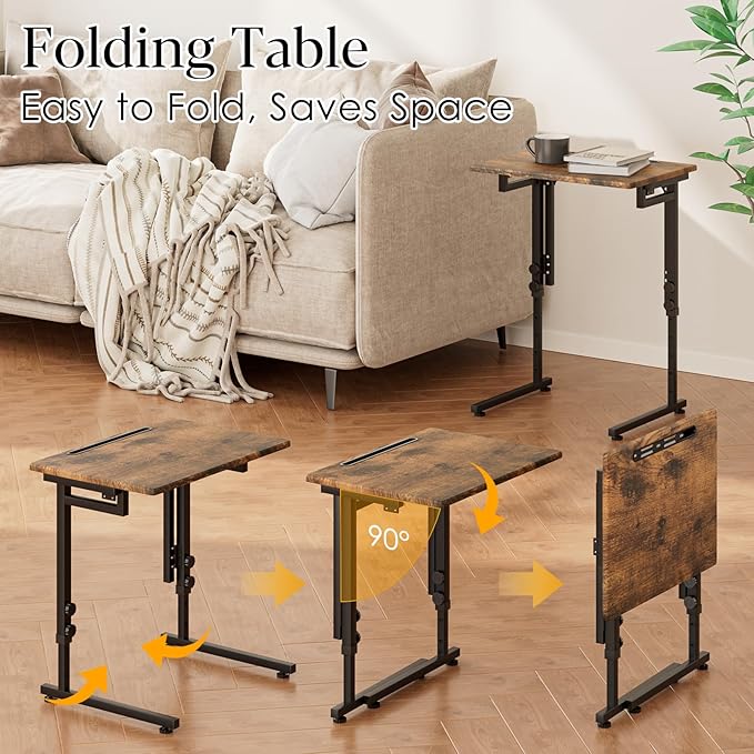 Adjustable Folding TV Tray Table,TV Dinner Small Foldable C-Shaped End Table for Eating,6 Height Adjustable Slide Under Couch Side with Sturdy MDF Top,No Assembly(Brown)